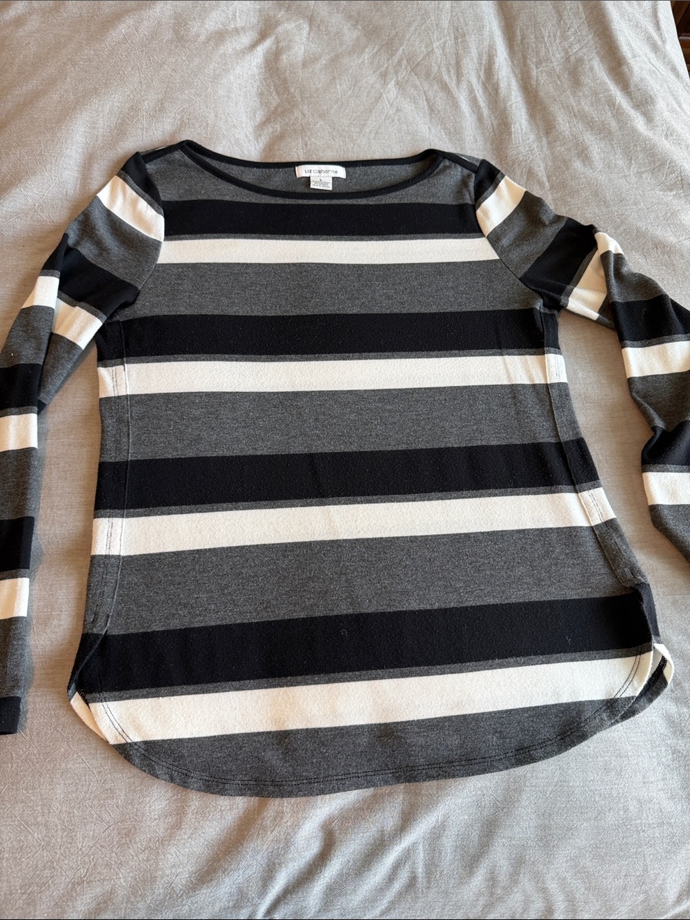 Liz Claiborne Black, Gray & Cream Striped Scoop Neck Tunic Sweater, Large - Picture 5 of 9